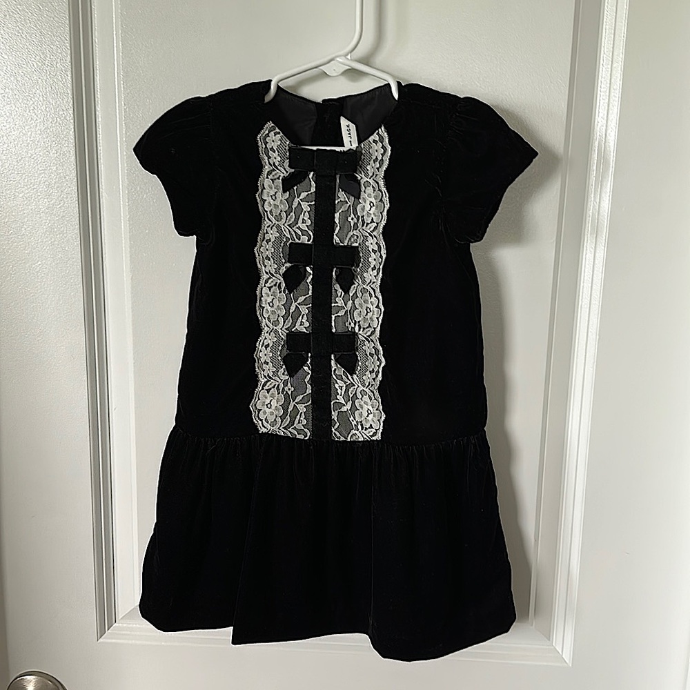 Janie and Jack Black Velvet Dress with White Lace Trim